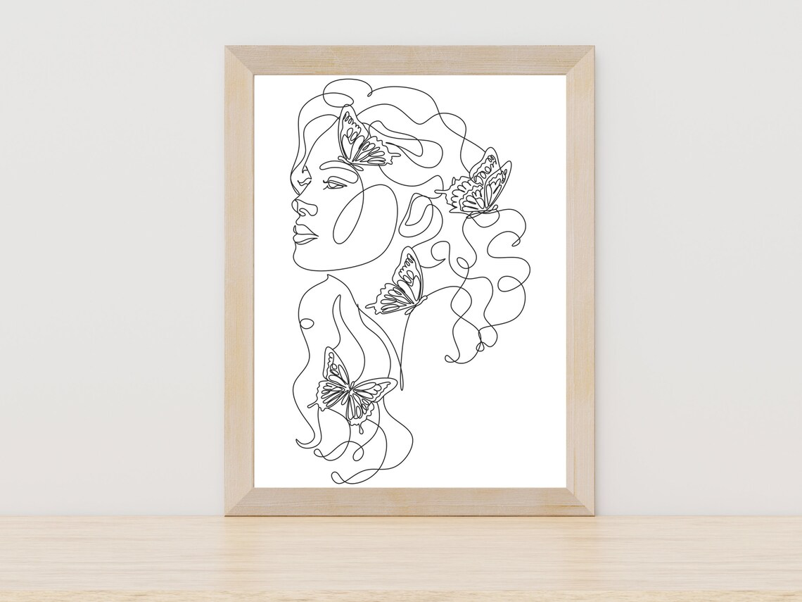 Woman Profile Butterflies Line Art Minimalist Female Face Poster
