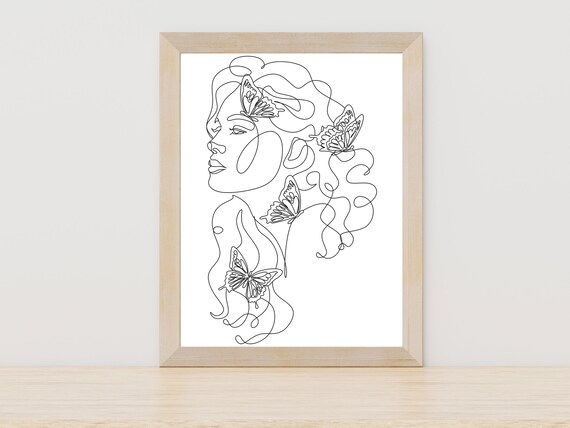 Woman Profile Butterflies Line Art Minimalist Female Face Poster