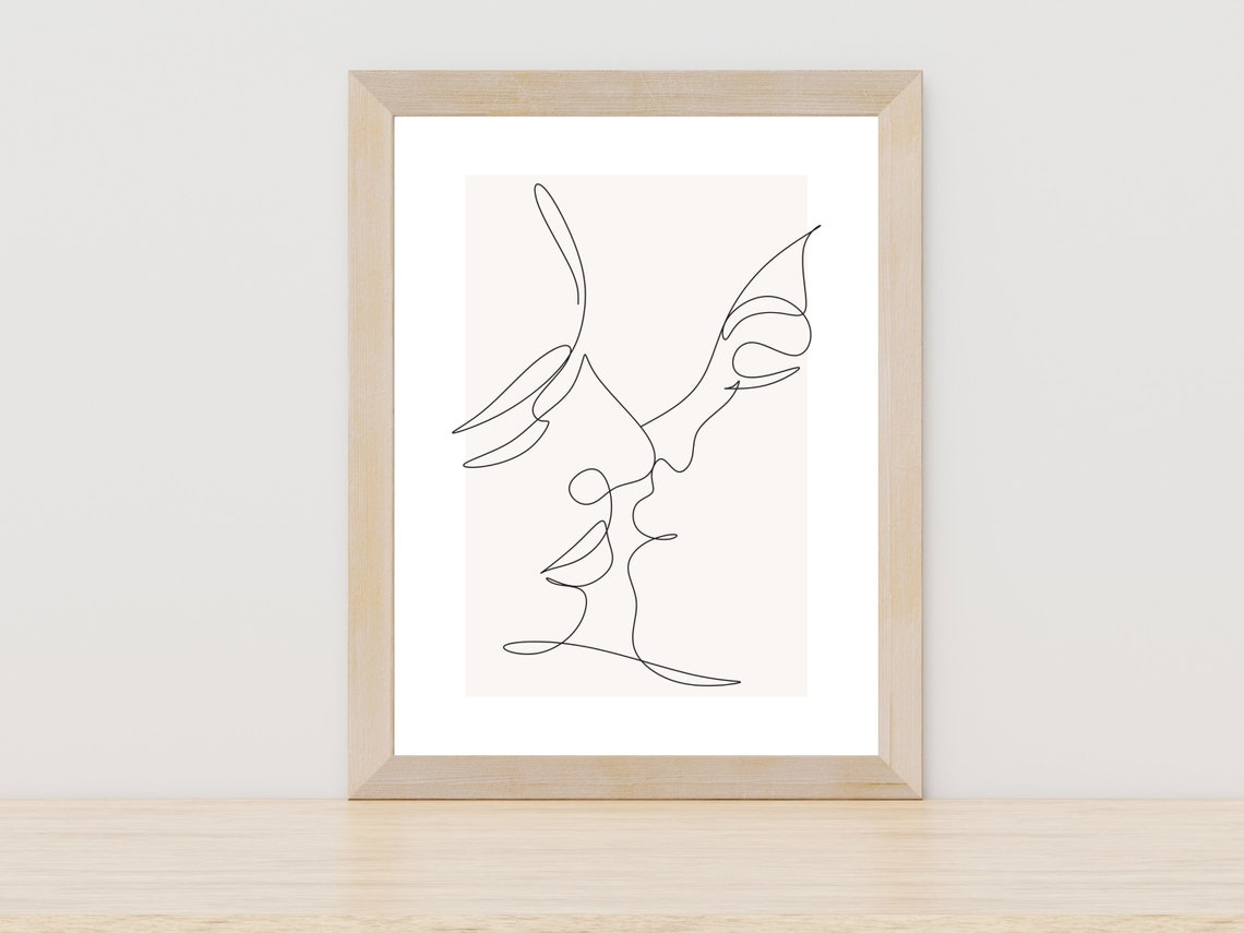 Couple Faces Profiles One Line Drawing Romantic Love Minimal Poster