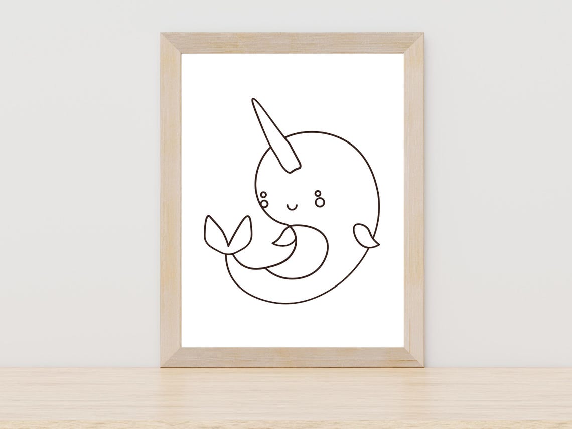 Cute Narwhal Line Art Kawaii Whale Nursery Ocean Decor Poster