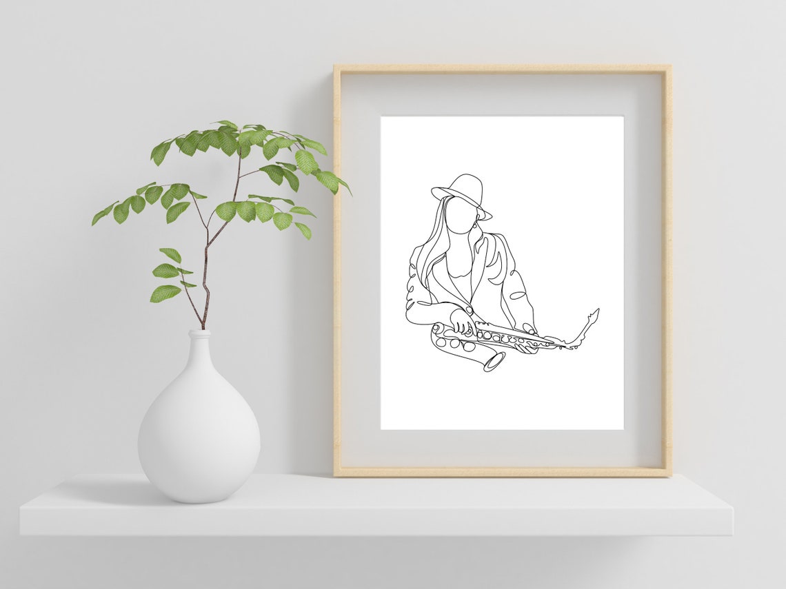 Woman In Hat Playing Saxophone Relaxed Minimalist Line Art Print - Image 2
