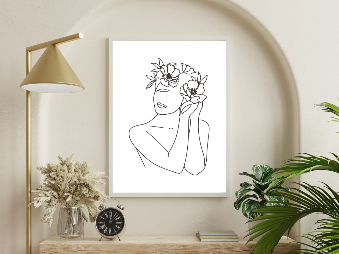 Woman Line Art Print With Flowers Line Drawing Woman Flower Naked Woman Line Art Body Line Drawing Abstract Woman Body Line Drawing Art - Image 2