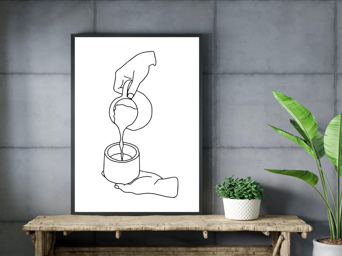 Minimalist Pouring Coffee Hands Line Art Kitchen Cafe Wall Art Decor - Image 3