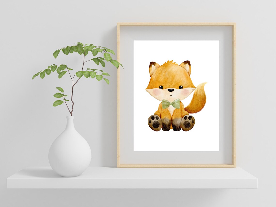 Cute Baby Fox with Bow Tie Watercolor Nursery Animal Art Poster - Image 2