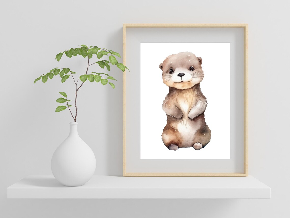 Adorable Baby Otter Watercolor Painting Nursery Animal Wall Art - Image 2