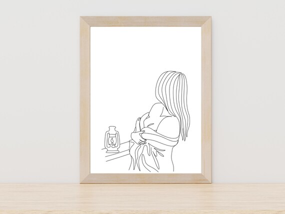 Woman with Lantern Single Line Art Minimalist Cozy Glow Poster