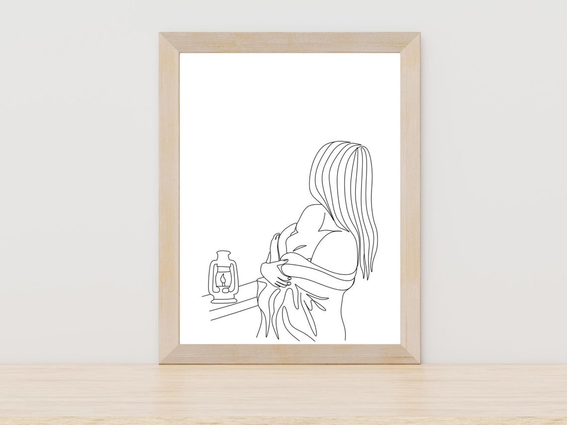 Woman with Lantern Single Line Art Minimalist Cozy Glow Poster