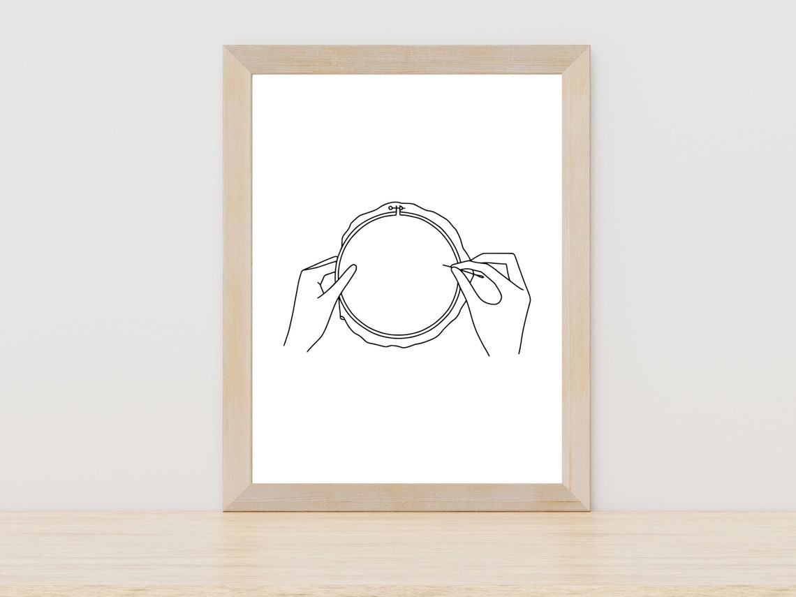 Hands Holding Empty Embroidery Hoop Minimalist Line Art Poster