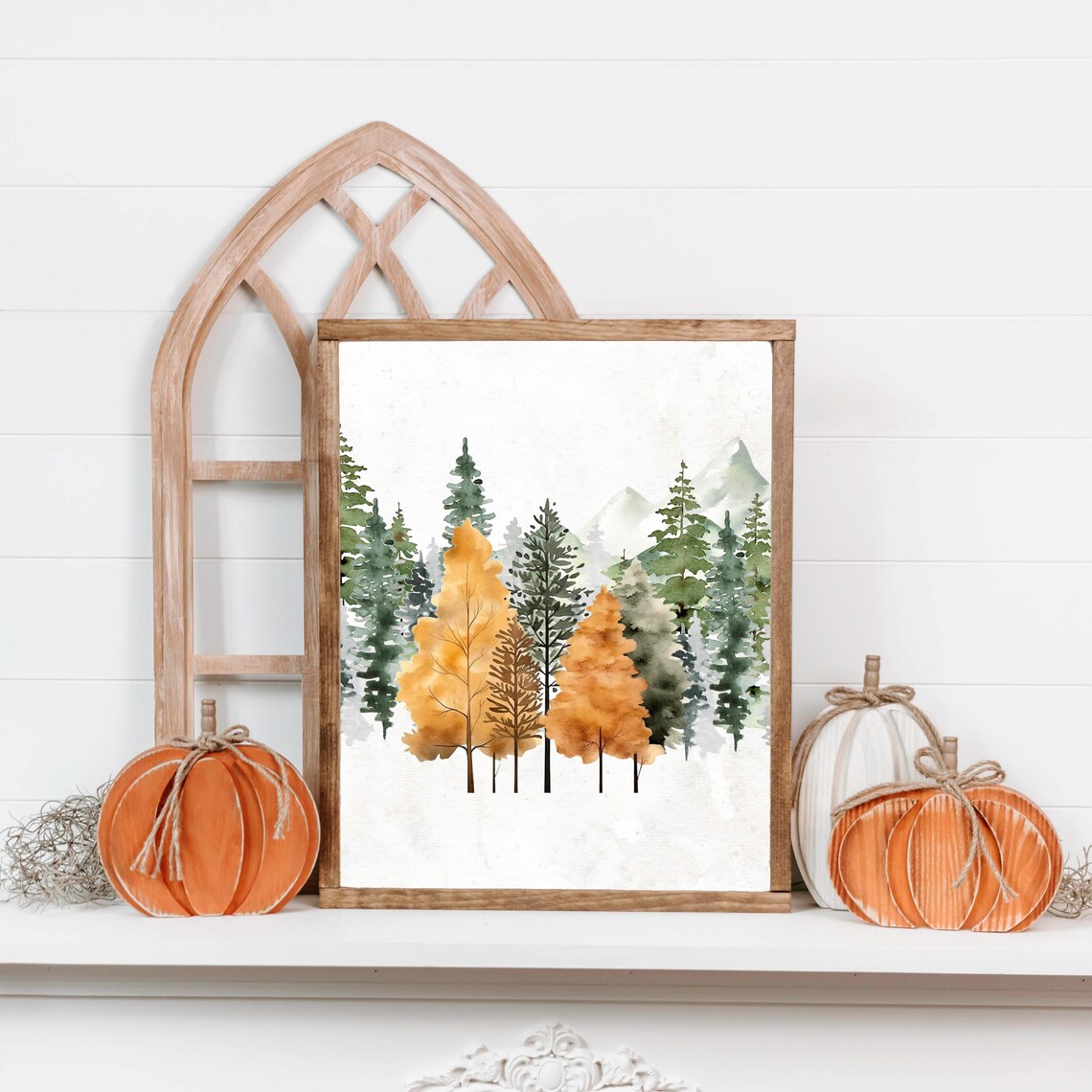 Woodland Autumn Forest Golden Trees Mountain Watercolor Wall Art - Image 2