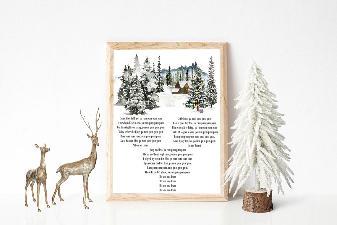 The Little Drummer Boy Song Lyrics Snowy Christmas Tree Scene Poster - Image 3
