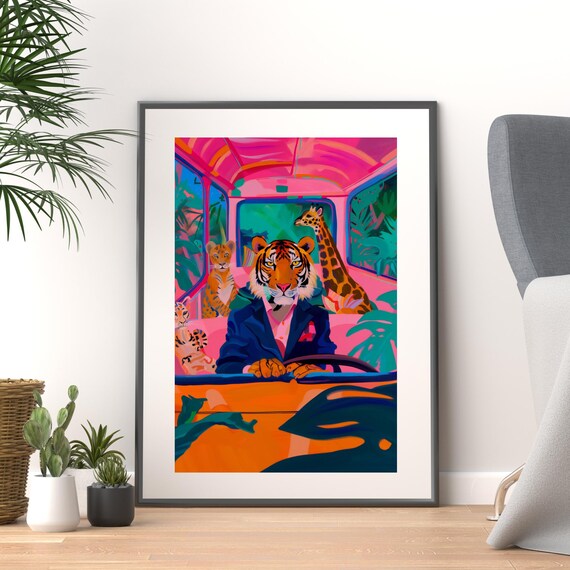 Tiger Driving a Pink Convertible With Giraffe and Leopard Friends Poster