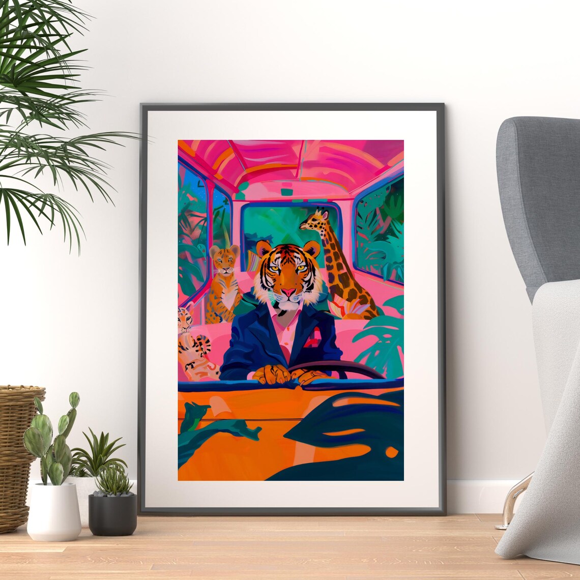 Tiger Driving a Pink Convertible With Giraffe and Leopard Friends Poster