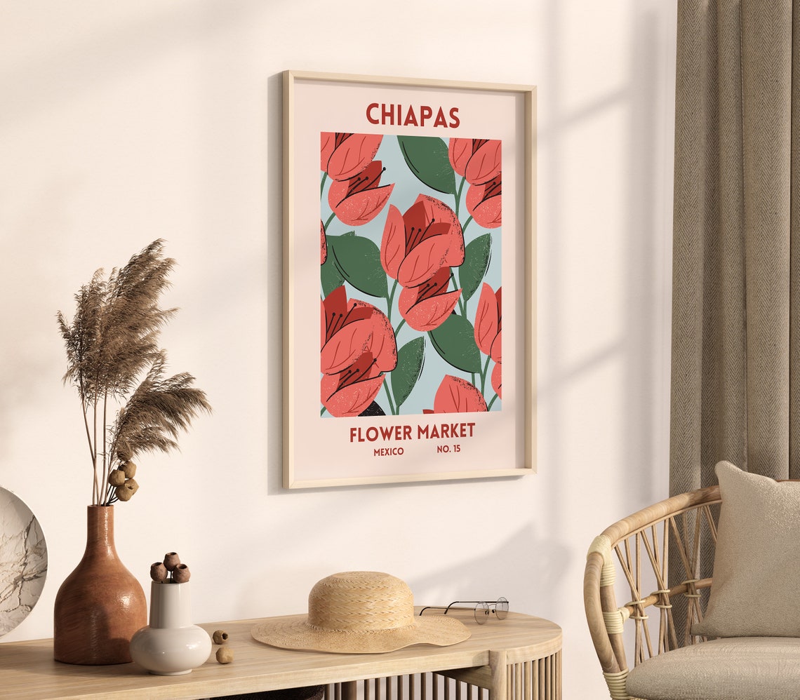 Chiapas Mexico Flower Market Red Floral Botanical Art Poster - Image 3