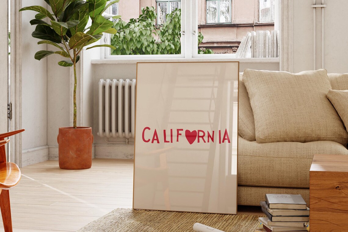 California Red Heart Letter Minimalist Golden State Name Poster - Image 4