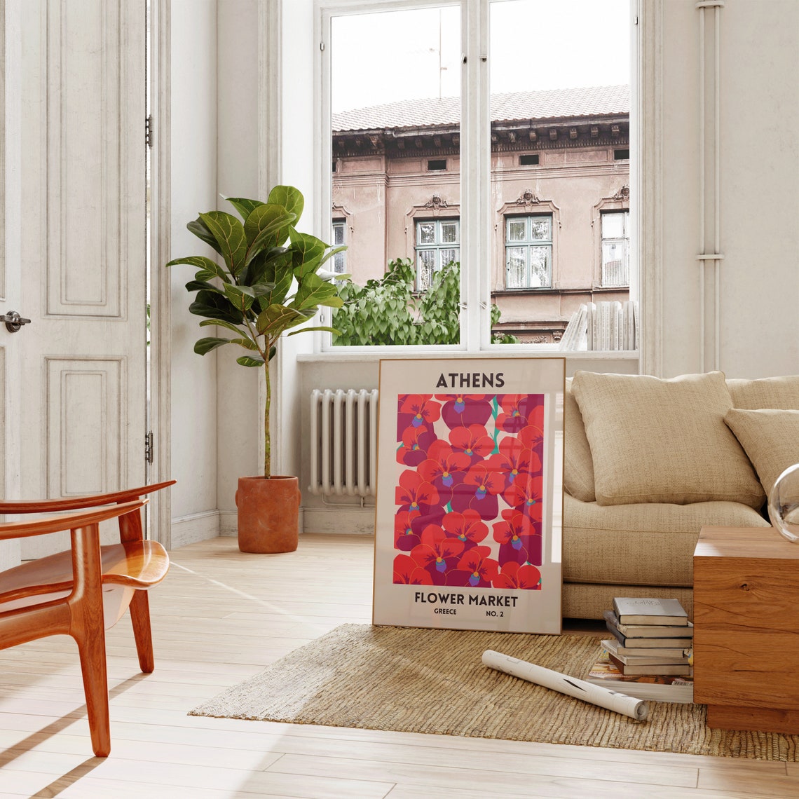 Athens Greece Flower Market Bold Red Orchid Botanical Art Print - Image 3