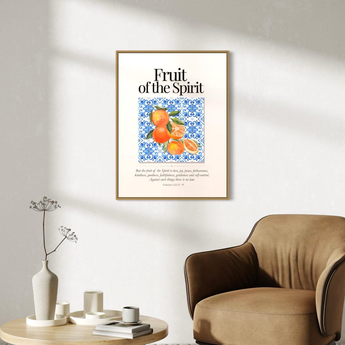Fruit of the Spirit Citrus and Blue Tile Bible Verse Poster on Cream - Image 2