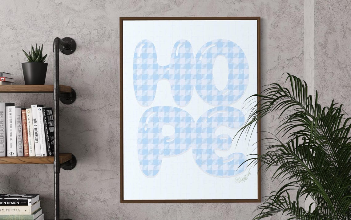 Hope Blue Gingham Bubble Letter Typography Quote Decor Poster - Image 4