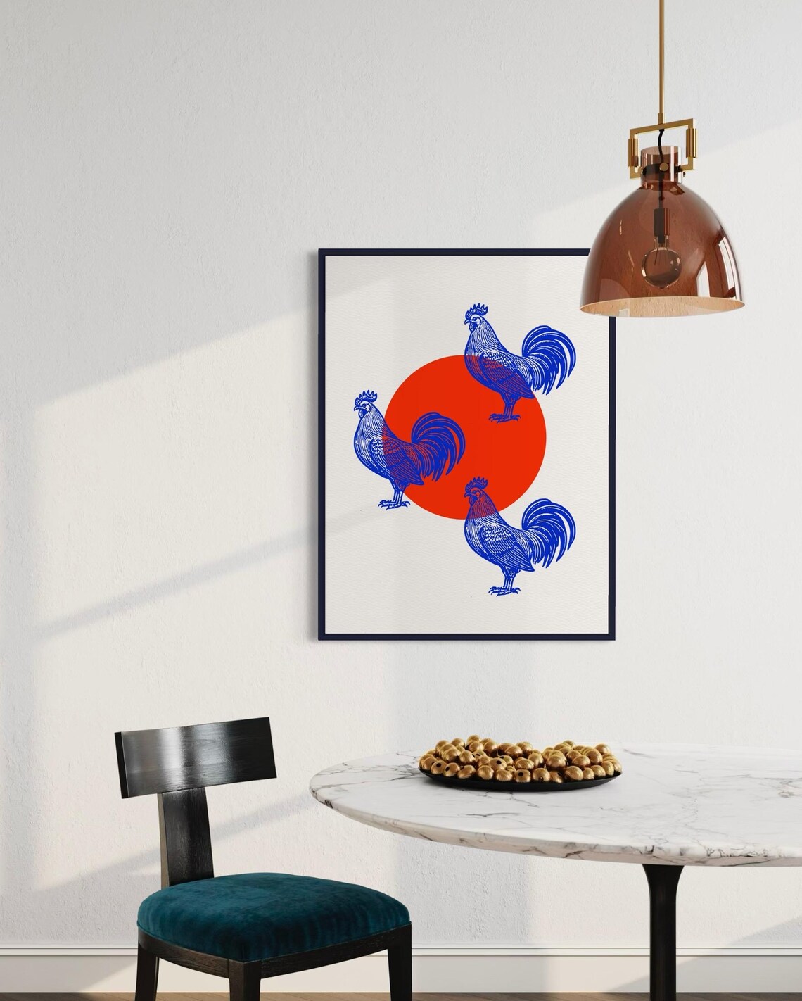 Three Blue Roosters Around Red Sun Japanese Style Animal Poster - Image 5