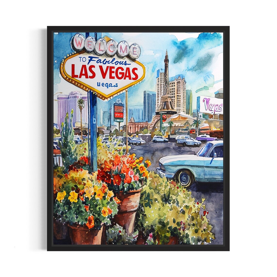 Las Vegas Flower Market Watercolor Poster Welcome Sign Blossoms Scene