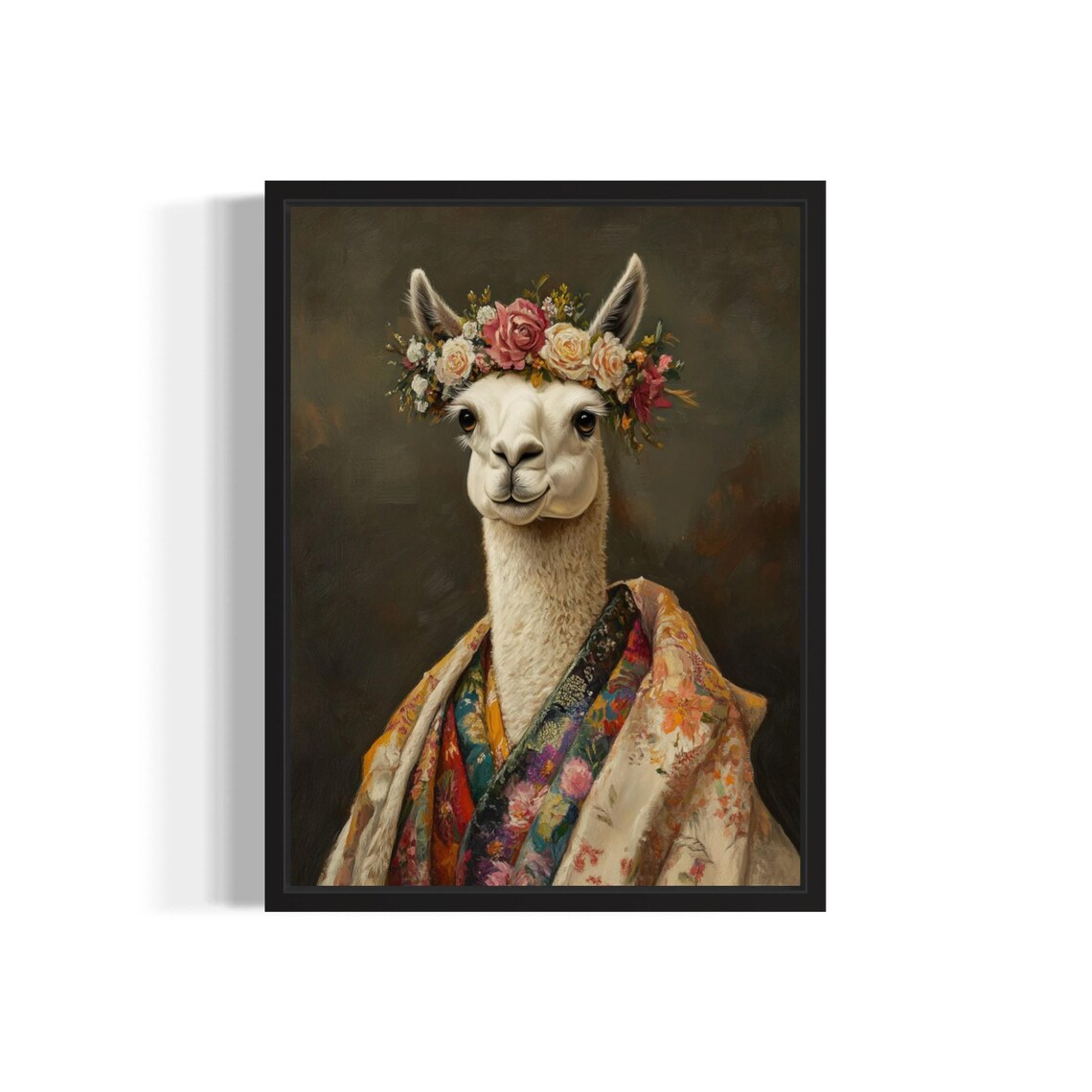 White Llama With Rose Flower Crown In Cream Floral Kimono Art Print