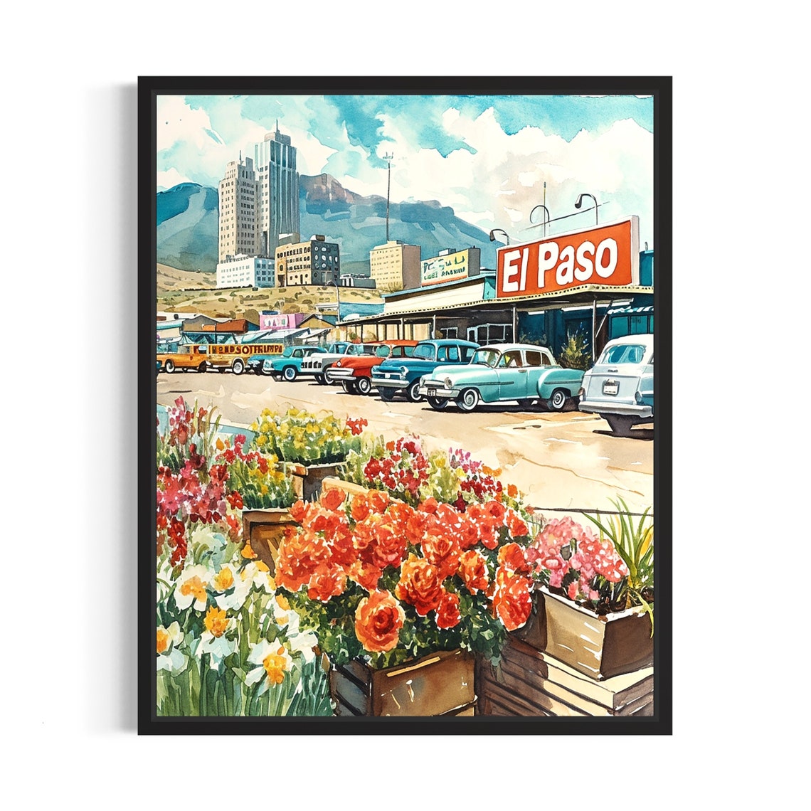 El Paso Texas Desert Mountains Watercolor Flower Market Poster