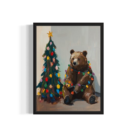 Brown Bear Tangled In Christmas Lights Holiday Poster Artwork