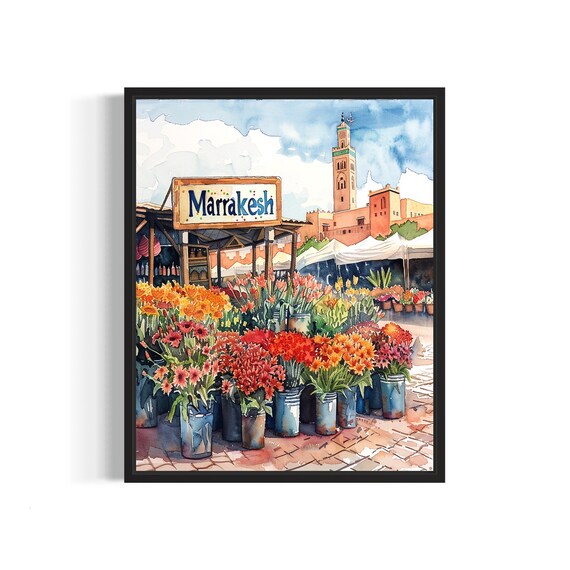 Marrakesh Morocco Flower Market Poster Art Print Neutral Botanical Pastel Artwork Wall Art Painting Bedroom Restroom Decor