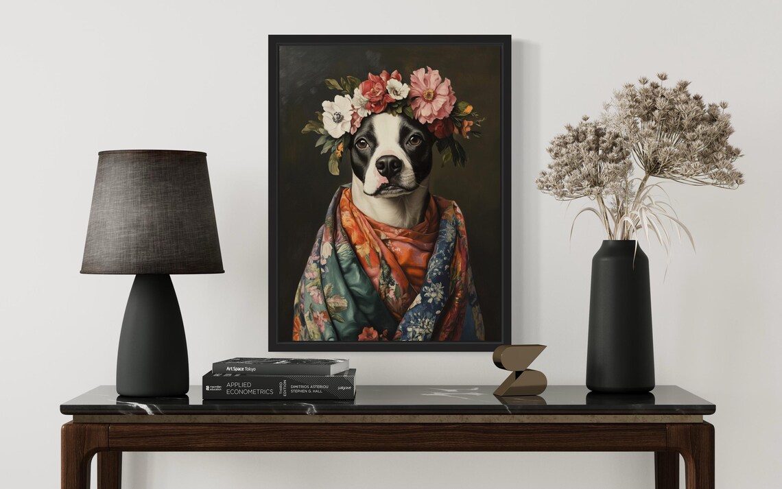 Boston Terrier Flower Crown Kimono Portrait Japanese Style Dog Poster - Image 2