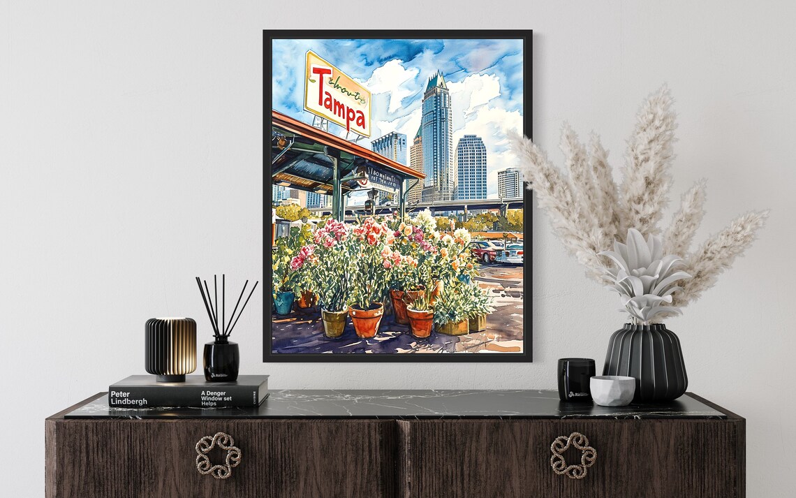 Tampa Flower Market Watercolor Poster Retro Sign Downtown Scene - Image 2