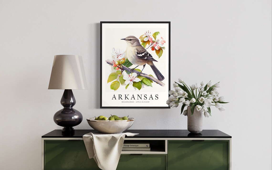 Arkansas State Bird Art Print, State Flower Wall Art - Image 2