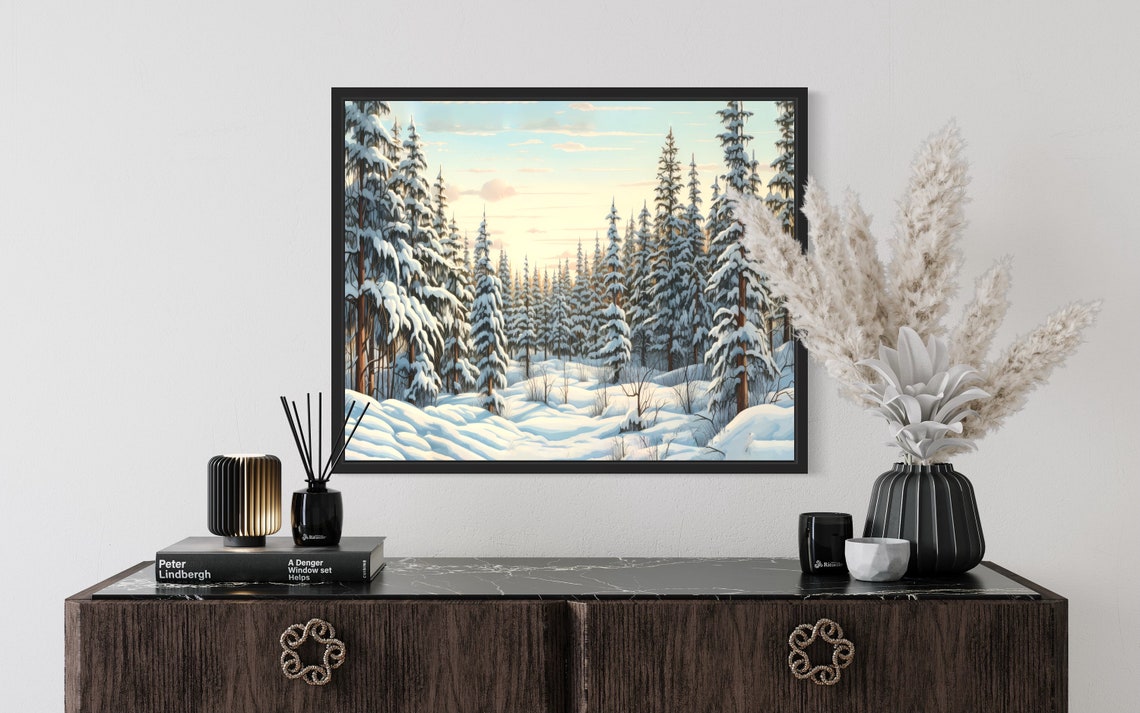 Winter Pine Tree Forest Poster Art Print Winter Scenery Artwork Wall Art Painting - Image 2