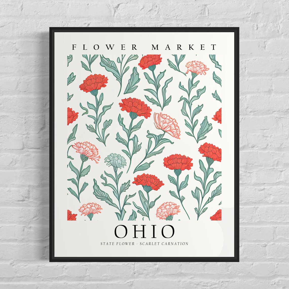 Ohio State Flower, Scarlet Carnation Botanical Art Print