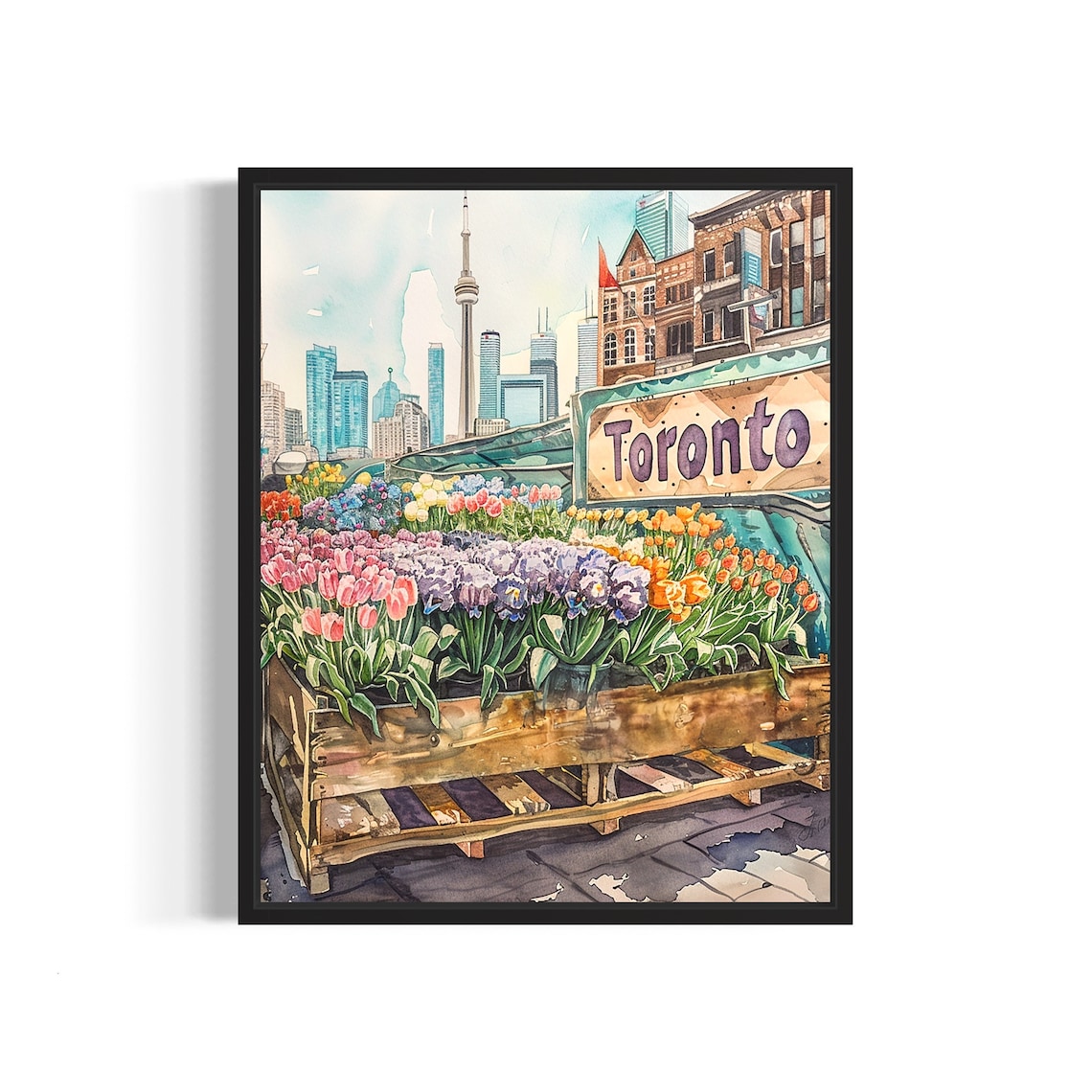 Toronto Flower Market Watercolor Poster Tulip Stall City Tower Skyline