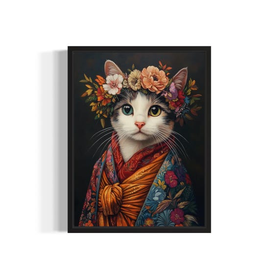 Cat Poster Art Print, Kimono and Flowers