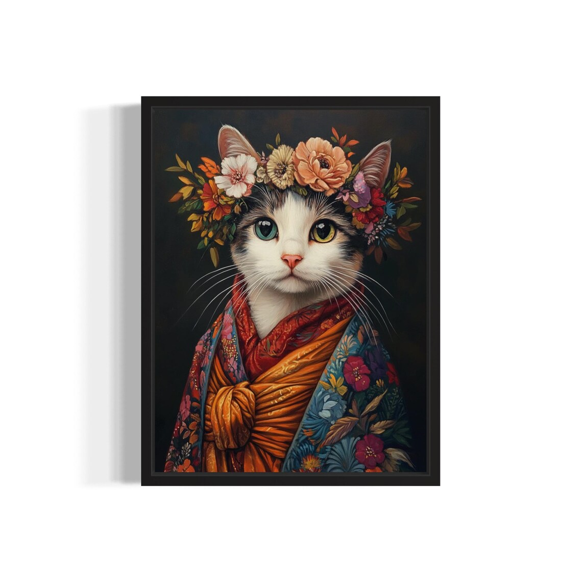 Cat Poster Art Print, Kimono and Flowers