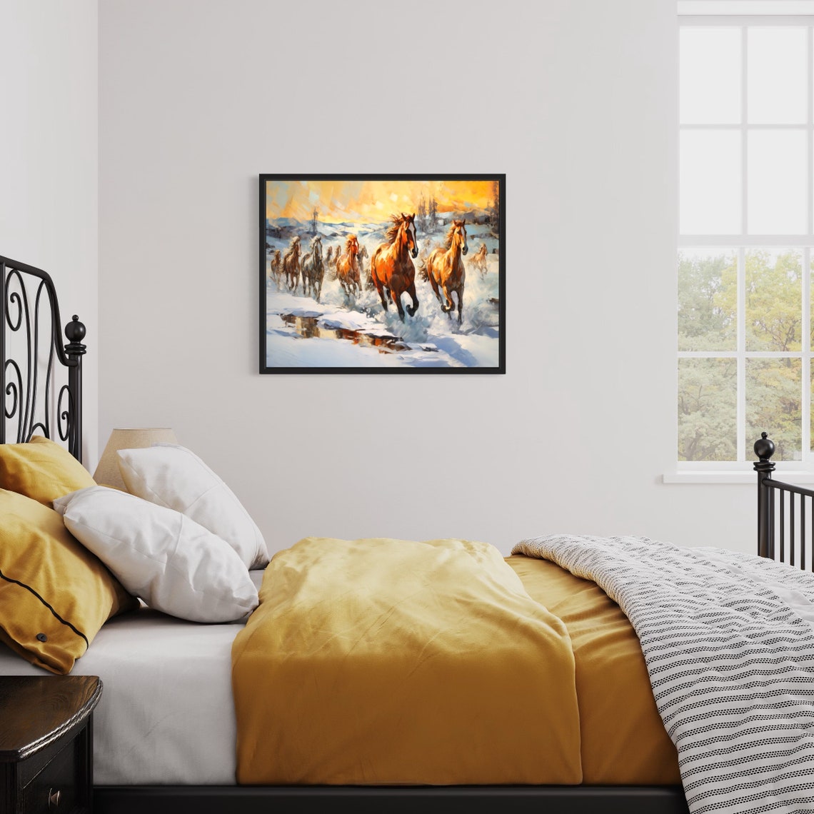 Wild Horses Galloping Through Snow at Sunset Painting Poster - Image 2