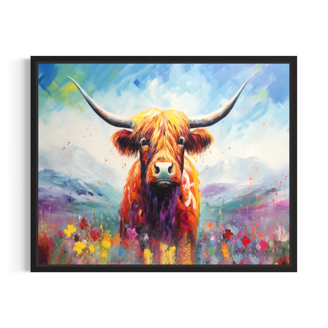Colorful Highland Cow Portrait Wildflower Meadow Painting Poster