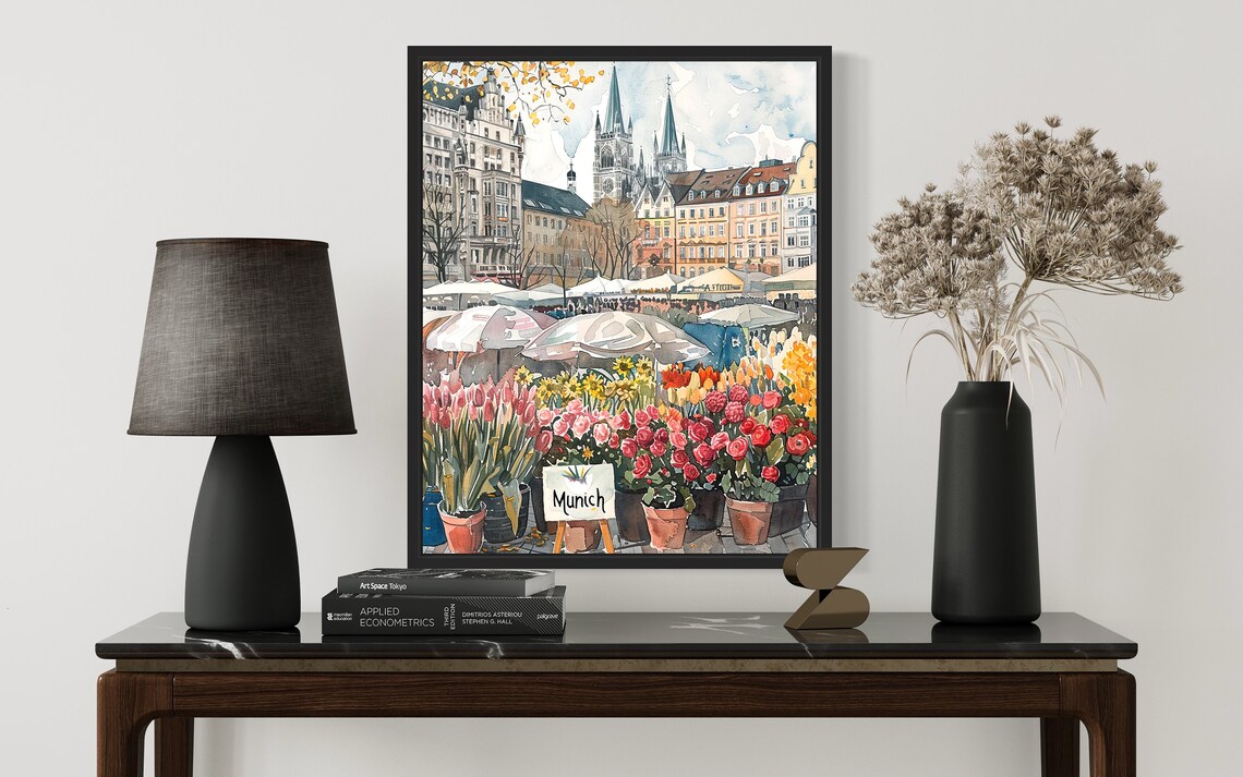 Munich Germany Twin Spires Watercolor Flower Market Scene Poster - Image 2