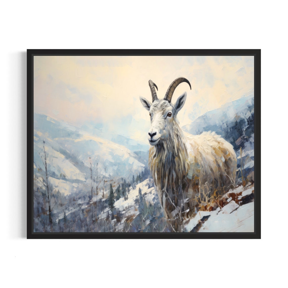 Mountain Goat Standing on Snowy Alpine Ridge Painting Poster