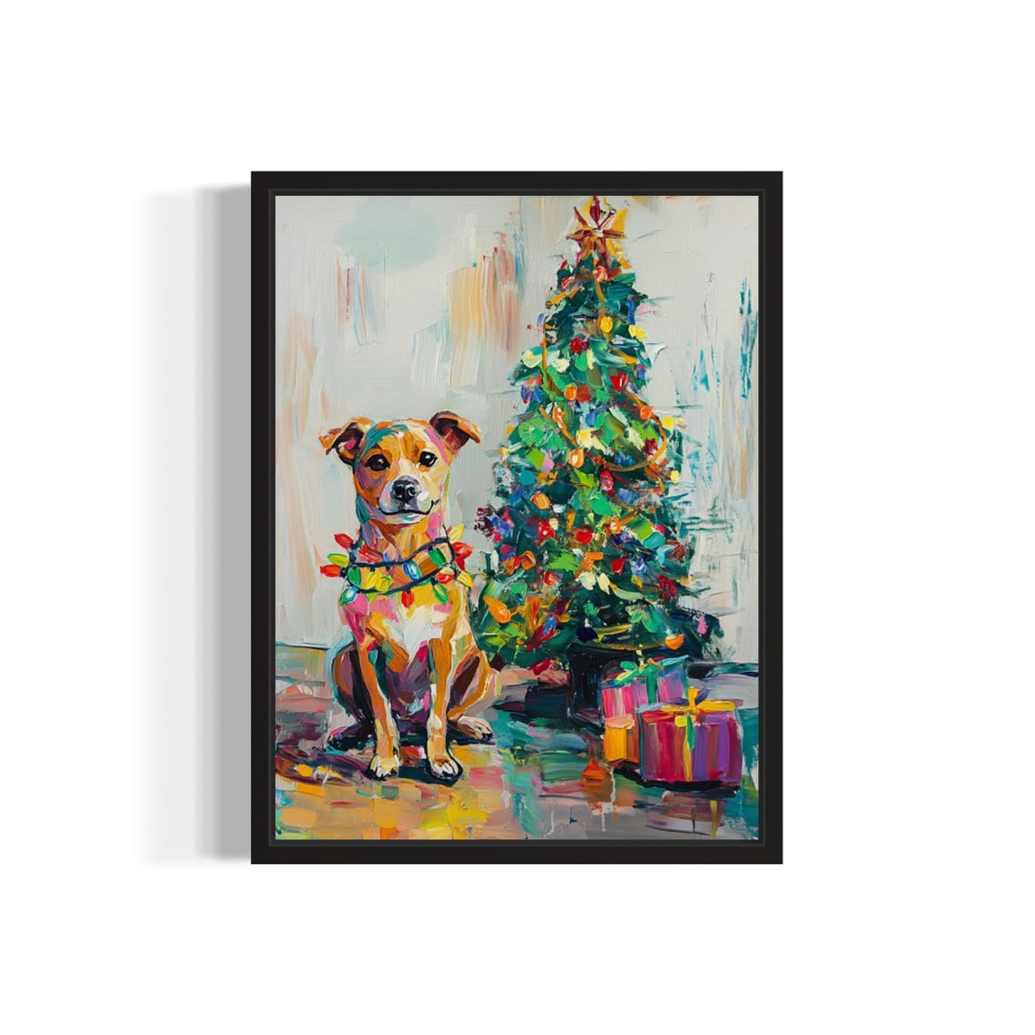 Happy Dog Tangled In Christmas Lights Holiday Poster Artwork