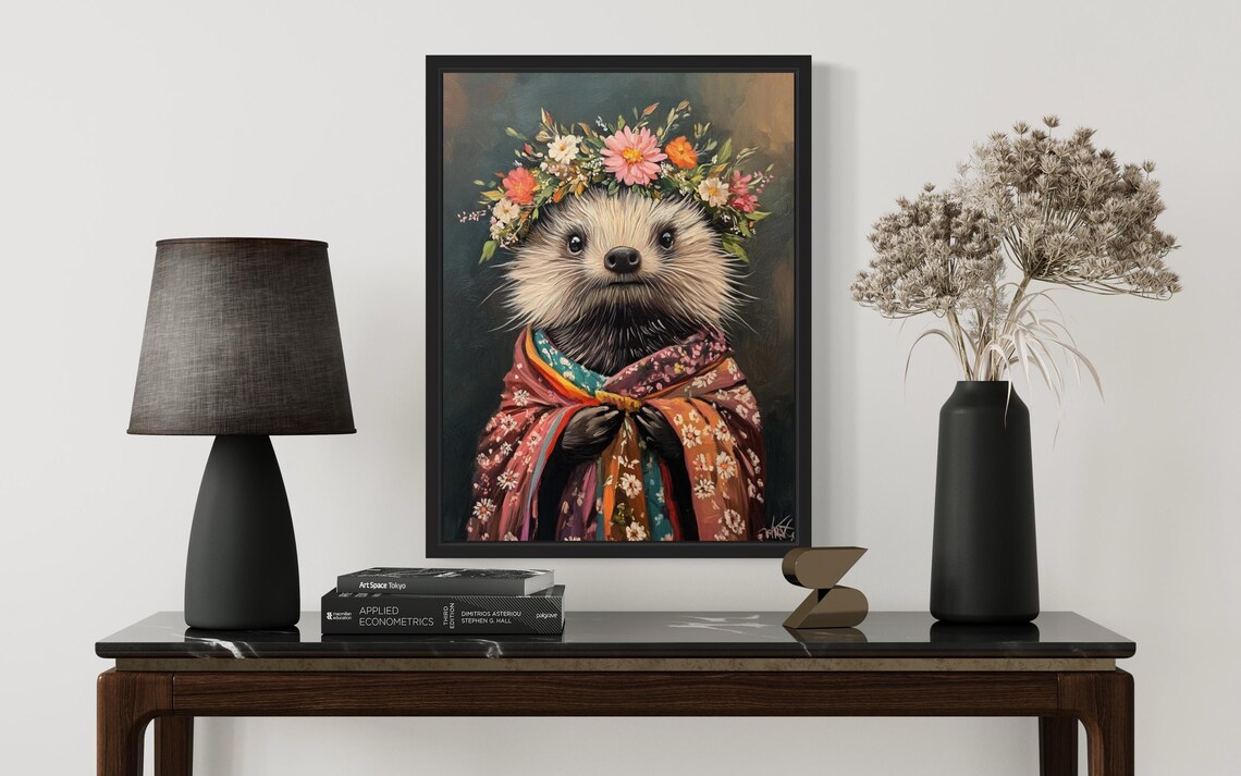 Hedgehog Portrait With Daisy Flower Crown In Floral Kimono Art Print - Image 2
