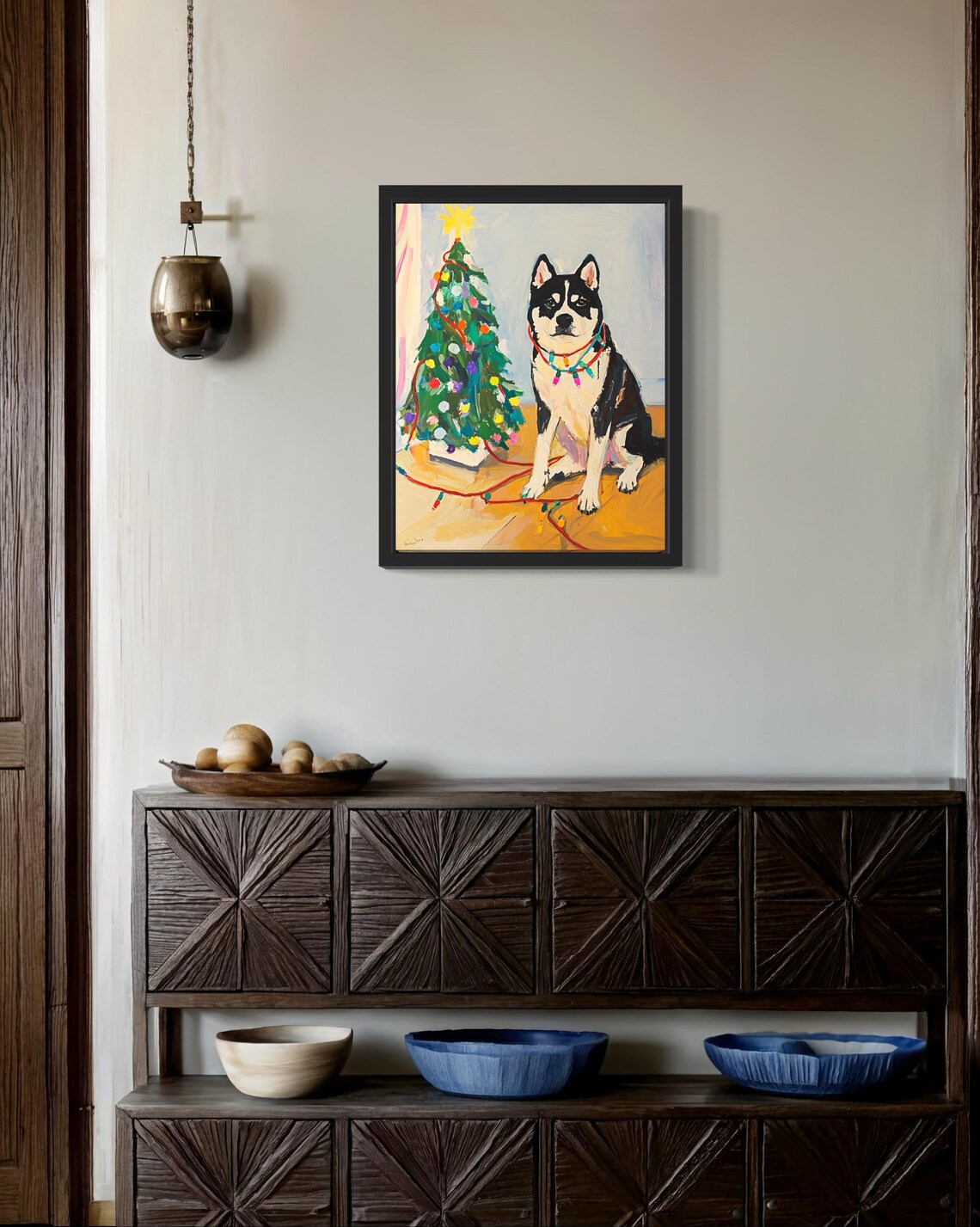 Siberian Husky Dog Tangled in Colorful Christmas Lights Holiday Poster - Image 2