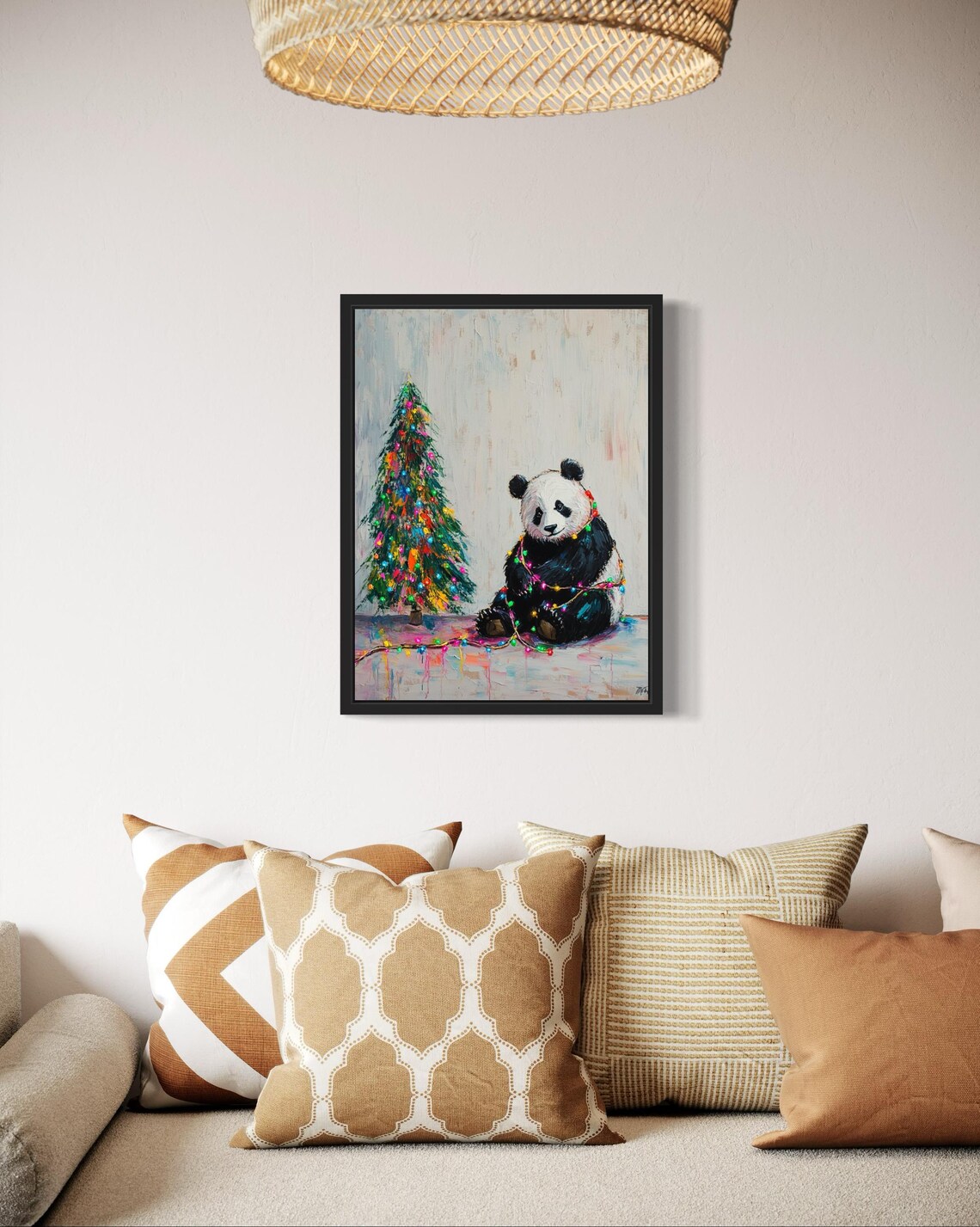 Panda Tangled In Christmas Lights Art Print - Image 2
