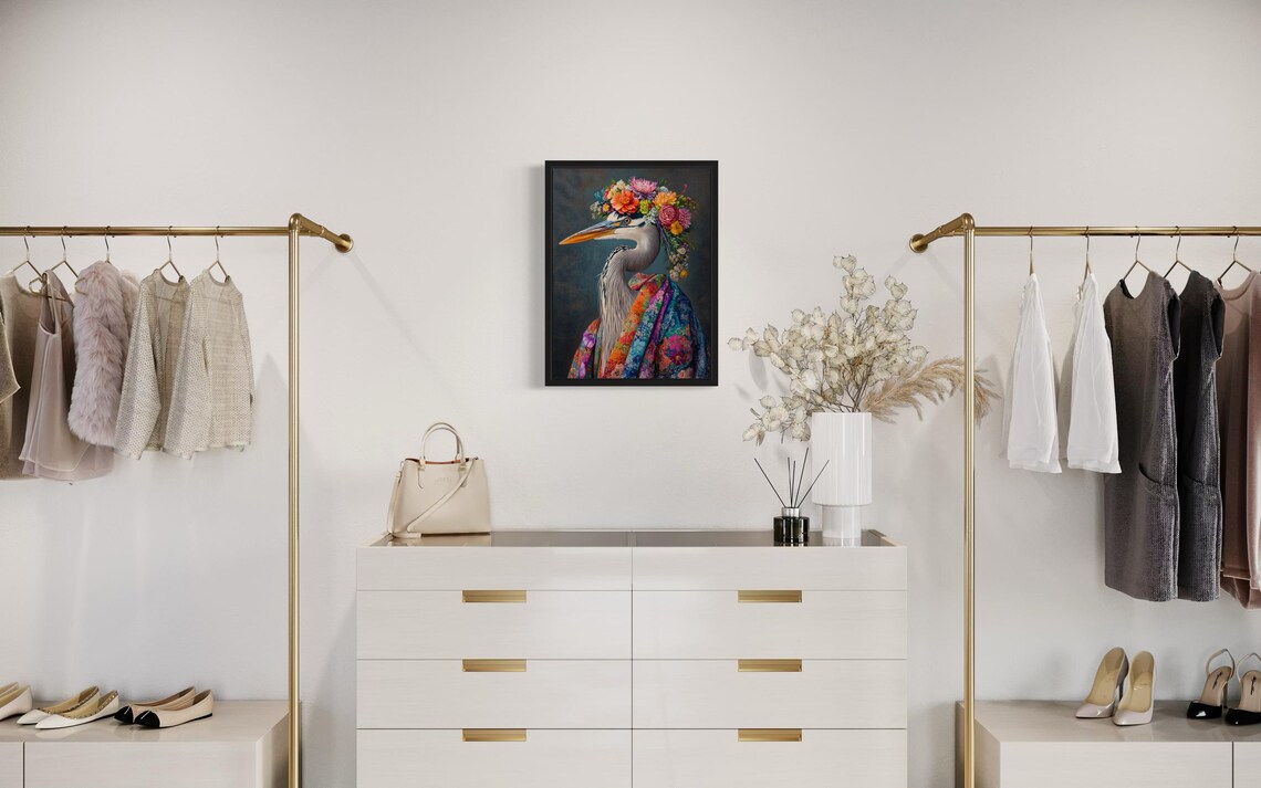 Blue Heron Flower Crown Kimono Portrait Japanese Style Bird Poster - Image 2