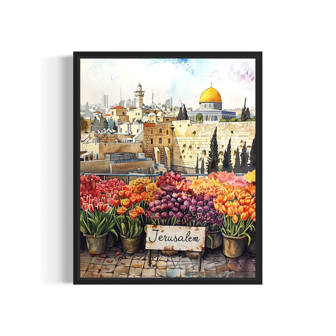 Jerusalem Old City Golden Dome Watercolor Flower Market Poster