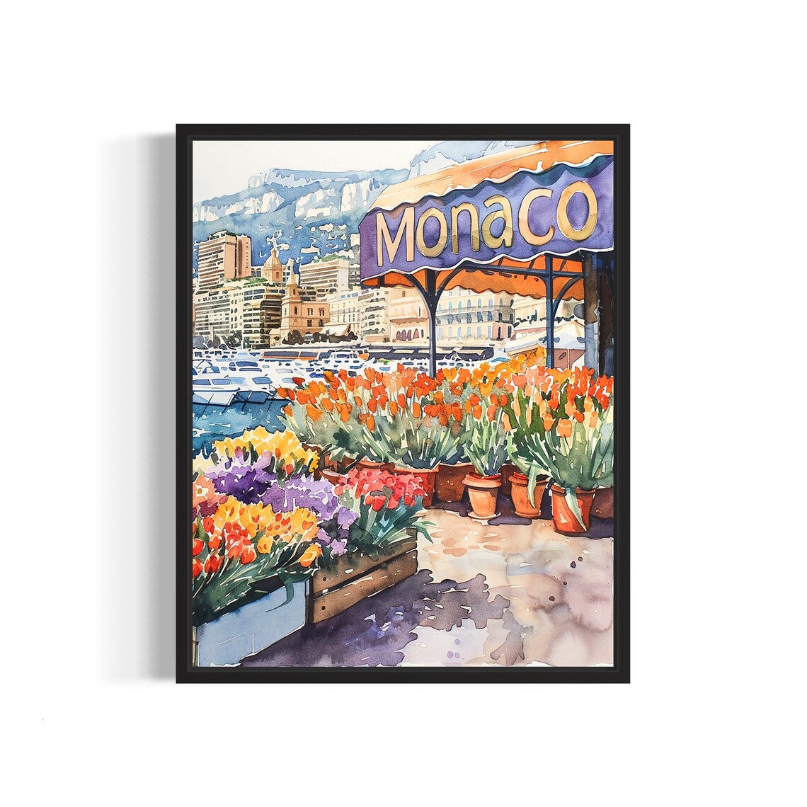 Monaco Flower Market Watercolor Poster Harbor Yacht Riviera View
