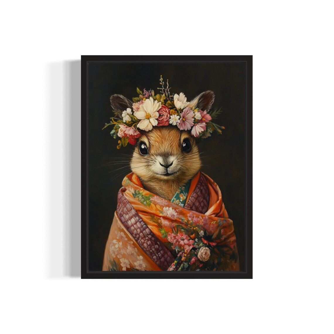 Squirrel With Flower Crown In Orange Floral Kimono Wildlife Art Print
