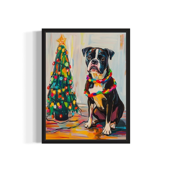 Boston Terrier Dog Wrapped in Bright Christmas Lights Holiday Poster