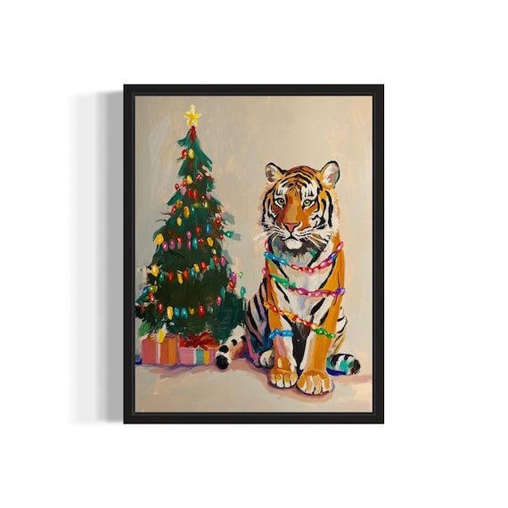 Tiger Wrapped in Colorful Christmas Lights by Holiday Tree Poster