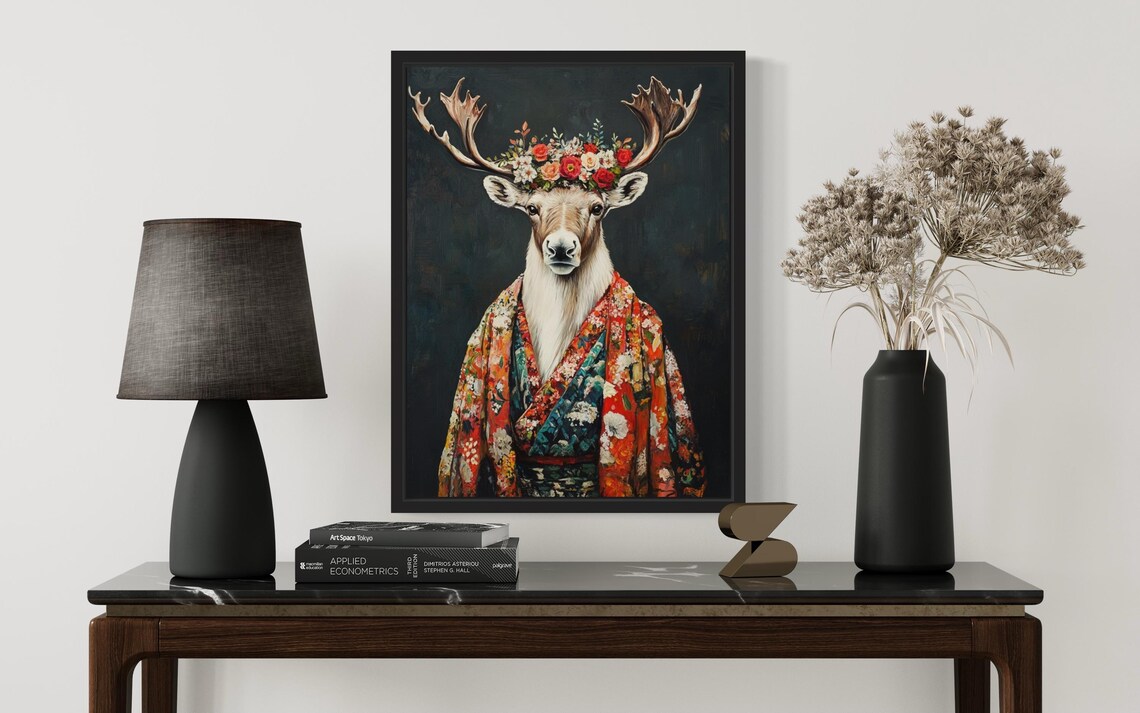 Caribou Flower Crown Kimono Portrait Antlers Japanese Animal Poster - Image 2